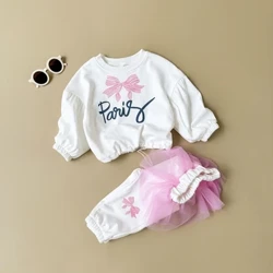 Nā lole pēpē kaikamahine hou 2PCS Spring Autumn Cotton Top+Pants Long Sleeved Letter Bow Printed Cartoon Pullover Casual Set Outdoors
