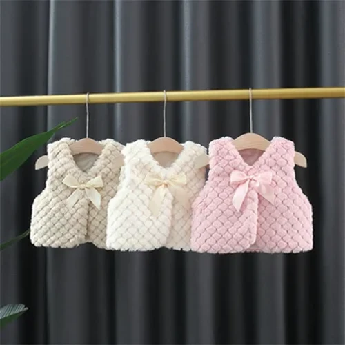 Gilet di pelliccia da ragazza primaverile e autunnale Decorazione con fiocco Giacca versatile in cotone senza maniche da donna in tinta unita