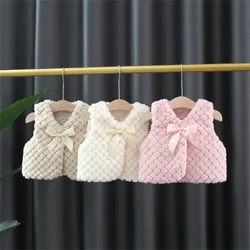 Musim Semi dan Musim Gugur Rompi Bulu Gadis Dekorasi Busur Warna Solid Jaket Katun Tanpa Lengan Serbaguna Wanita