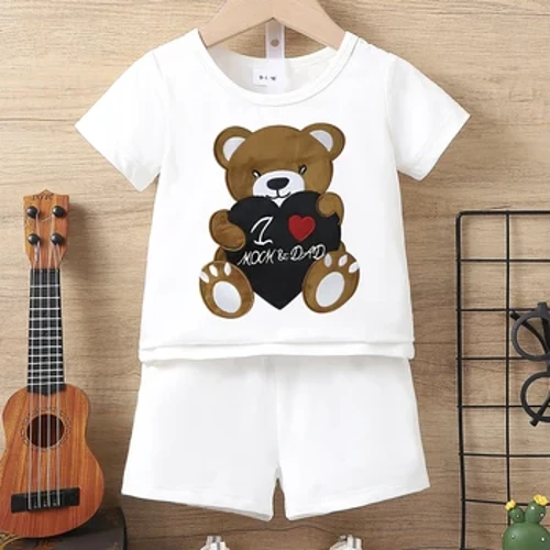 2GB Vasaras zēnu komplekts ar īsām piedurknēm multfilma Letter Bear Top Modes šorti Vairākas iespējas Bērnu apģērbs
