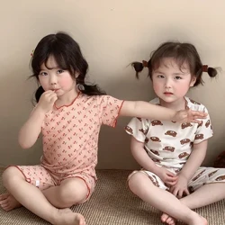 Hàn Quốc Bé Gái Mùa Hè Pyjama Set Bộ Đồ Hai Mảnh Mỏng In Chấm Bi Nhà Quần Áo Nhân Quả Quần Áo Trẻ Em Gấu Đồ Ngủ