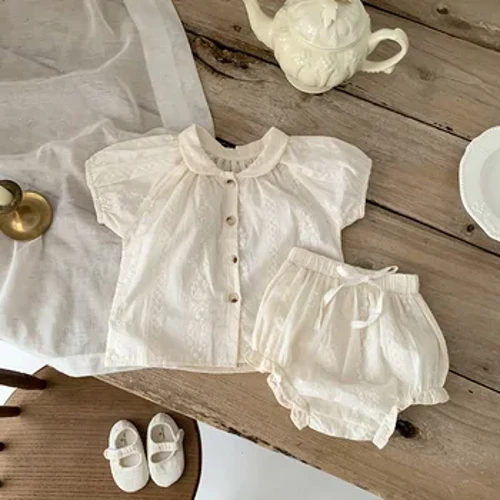 2024 Nya Babykläder Set Söt Peter Pan krage Flickor Tee And Bloomer 2 Styck Kostym Småbarn Ytterkläder