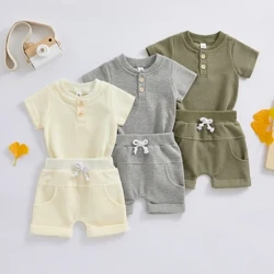 Citgeett Musim Panas Bayi Bayi Laki-laki Celana Pendek Set Lengan Pendek Tombol Waffle Baju Monyet dan Celana Pendek Kasual Set Pakaian
