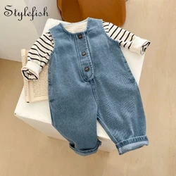 Spring Nouveau bébé vêtements de 0 à 3 ans Top à rayures Top à rayures + tabarrelle en denim long Ensemble 2 pièces peut être trié