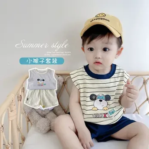 Mùa Hè Bé Trai Quần Short Tay Ngắn Cotton Hai Mảnh Bé Gái Nước Ngoài Thời Trang Bộ Quần Áo Trẻ Em