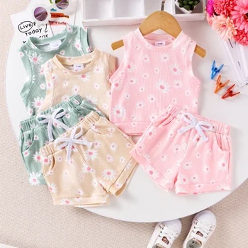 Quần Áo Bé Gái Trang Phục Mùa Hè In Hoa Áo Tank Top Có Lưng Co Giãn Quần Short 2 Bộ Sơ Sinh