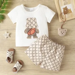 2PCS Spring Summer Girls Set Round Neck Short Sleeve Anime Pattern Top Plaid Shorts High End French Infant Children's Wear