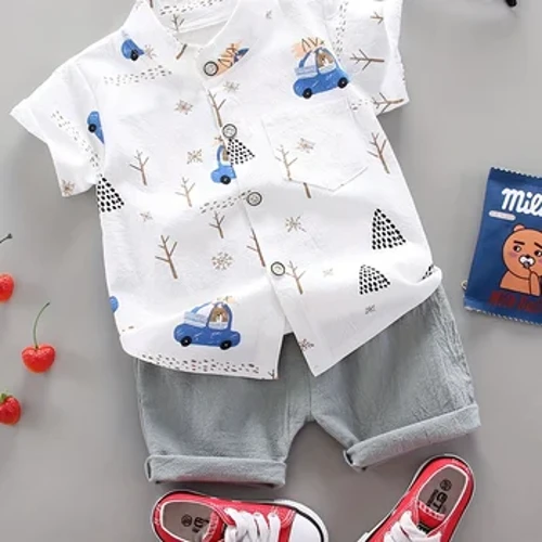 Set de pantaloni scurți cu mânecă scurtă pentru sugari și copii mici de vară cu imprimeu complet pentru cămașă cu guler în picioare, model doi