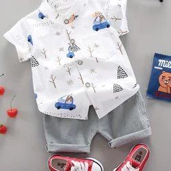 Bộ quần short ngắn tay in hình gấu lái xe cho trẻ sơ sinh và trẻ mới biết đi mùa hè dành cho áo sơ mi cổ đứng ngoài trời thời trang hai