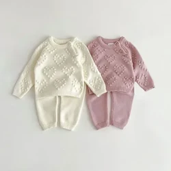 2Pcs Spring Bayi Prawan Sandhangan Set Sweater Rajut + Celana kanggo Bocah-bocah wadon Bayi Prawan Sandhangan set