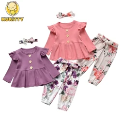 3 st Nyfödd flicka Kläder Set Långärmad volanger Romper Toppar Blommönster Byxor Pannband Småbarn Outfits