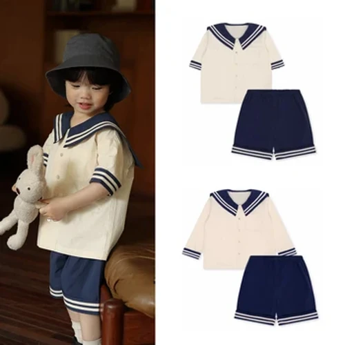 Bộ Quần Áo Bé Trai Bé Gái Bộ Cổ Áo Thủy Thủ Cotton Mềm Mại Thời Trang Cho Bé Hải Quân Đồng Phục Trang Phục Cho Bé