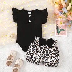 Conjunto de roupas de verão para bebês meninas com babados, camiseta de manga curta, macacão com estampa de leopardo e shorts da moda para crianças pequenas