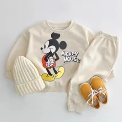 Sweatshirts Clóbhuailte Mickey Mouse Seiteanna Cochaill O-mhuineál Stíl Nua don Pháiste + Bríste Buachaillí Babaí Faisean Ócáideach Cartún Éadaí Rian Liath