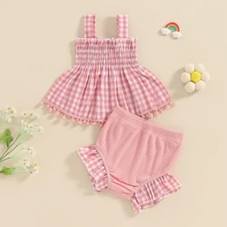 Quần Áo Trẻ Em Bé Gái Mùa Hè 2 Cái Bộ Áo Kẻ Sọc Yếm Có Lưng Co Giãn Quần Short Bộ Trang Phục Thường Ngày Cho Bé Từ 0-18 Tháng Tuổi
