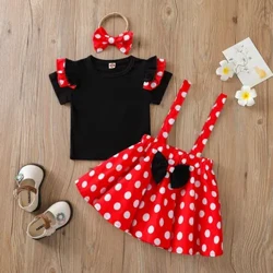 1-3Year Bé Sơ Sinh Bộ Quần Áo Bé Gái Mùa Hè Chấm Bi Kawaii Áo Quần Short Bộ Cho Bé Gái Bé Bé 3 Áo Thun + váy + Băng Đô Quấn Tóc