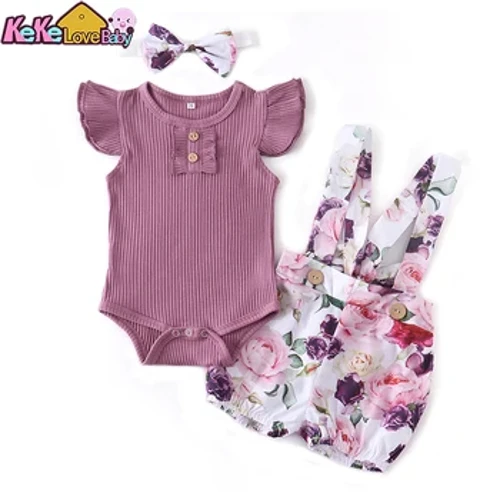 Nyfødt babypigetøj Sommer 3stk Outfitsæt Mode lilla Ærmeløse trøjer Toppe Casual Overalls Pandebånd Spædbørnstøj