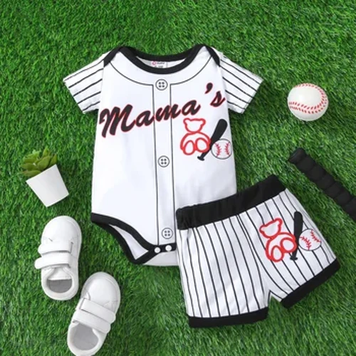 PatPat 2 Pcs Bayi Laki-laki/Wanita Bergaris Lengan Pendek Grafis Baju Monyet & Celana Pendek Set Cocok untuk Outing dan Nyaman dipakai sehari-hari