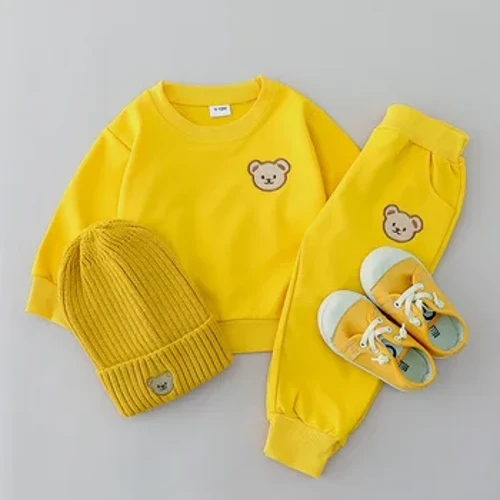 2pcs Faisean Earraigh do Leanbh Bear Simplí Bróidnithe Ceann Babhta Muineál Socraigh do Pháistí Pants Long-sleathnaithe Ilghnéitheach Socraigh 2-phíosa