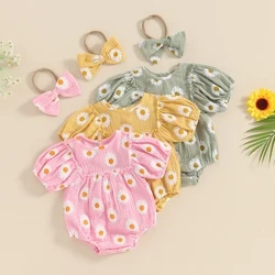 Babykläder Flickor Rompers Daisy Print Kortärmad Rundhalsad Spädbarnsbody Sommarkläder med pannband 2 delar Set
