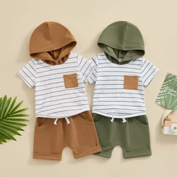 Pudcoco Bayi Baru Lahir Bayi Laki-laki Pakaian Musim Panas Lengan Pendek Bergaris Hoodie Digulung Celana Pendek 2 Pcs Set Pakaian Balita 0-3T