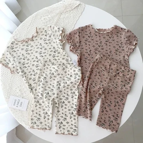 0-8 ani 2 buc Seturi de lenjerie de dormit de vară coreeană Bebeluși Fete Copii Copii Print Floral Lounge Lenjerie de noapte Set pantaloni scurți de modă