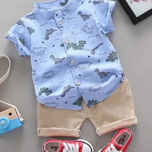 Ensemble d'été à manches courtes et short à motif de petit dinosaure pour nourrissons et tout-petits, chemise à col montant pour l'extérieur, à la mode