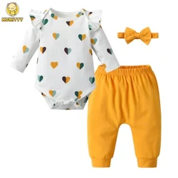 Trẻ Sơ Sinh Bé Gái Mới In Hình Bộ Quần Áo Cotton Mỏng Tay Dài Cổ Tròn Romper Áo Liền Quần + Quần + Dây Đeo Đầu Trang Phục Sơ Sinh dành Cho Bé Gái