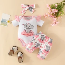 0-2 Tahun Bayi Baru Lahir Bayi Perempuan Set Pakaian Sehari-hari Kartun Gajah Lengan Pendek Baju Monyet + Celana Pendek dengan Ikat Kepala Musim Panas Indah 3 PCS Outf