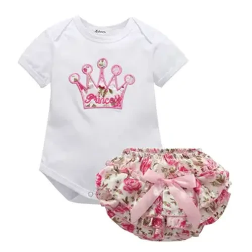 Spädbarn Nyfödda Småbarn Baby Flickor Jumpsuit Söt tryckta kortärmade toppar Romper Bodysuit+byxor Set Kläder för 0-18M
