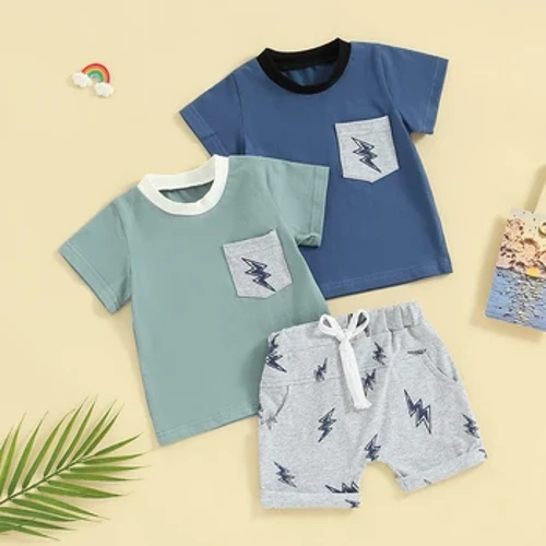 Vestiti per bambini Neonati maschietti estivi 2 pezzi Completi a maniche corte con tasca frontale + Set di pantaloncini con orlo piegato in vita elastica