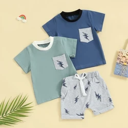 Småbarnsklær Spedbarn Baby Gutter Sommer 2stk Antrekk Kortermet frontlomme topper + elastisk midje foldet kant Shortssett