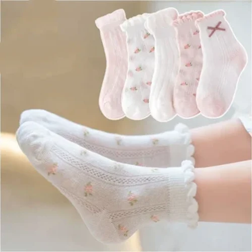 Mga Medyas na Pambata 5 Pares/Lot Spring Summer Cotton Girls Socks Cute Flowers Pattern para sa mga Bata Mga Accessory ng Damit ng Sanggol na Batang Babae