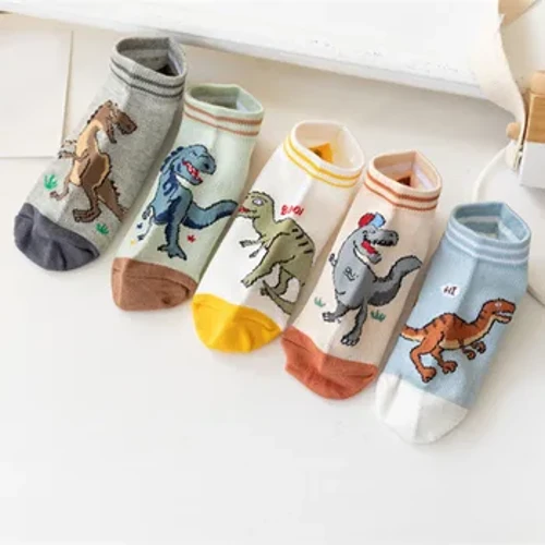 5 Pares ng Boy's Dinosaur Pattern Socks Kumportable Breathable Casual Soft Kids Socks