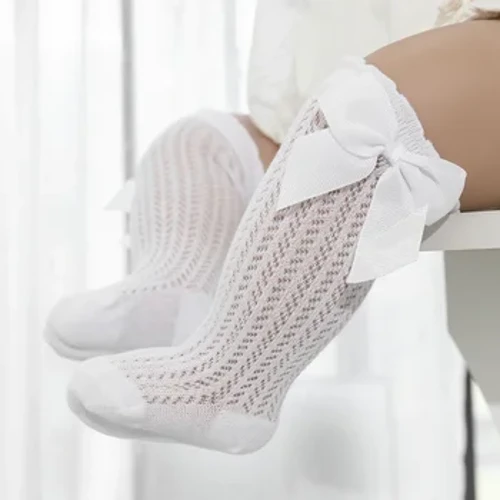 lawadka 0-24M Puppelchen Meedchen Socken Kleeder Grousse Bogen Koteng Summer Mesh Puppelcher Knéi Socken Neigebuerene laang Prinzessin Socken Fir Meedercher 2024
