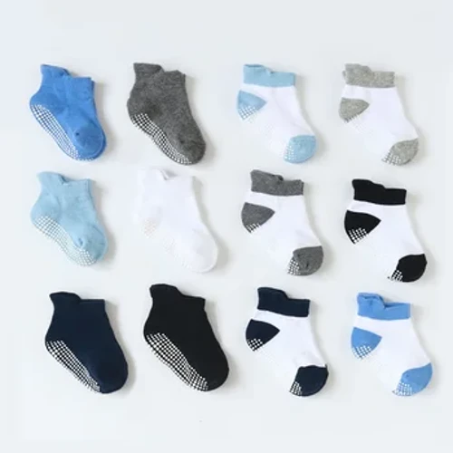 6 pares de meias de algodão para bebês de 0 a 5 anos, mistura de algodão antiderrapante para crianças pequenas, meninos, atividades internas, aprender a andar, meias de tornozelo