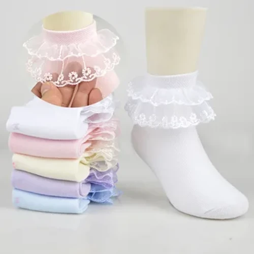 3 pairs pulupulu Lace Ruffle Princess Mesh ka hanu hanu keiki ku'ekue wawae pōkole ke'oke'o 'a'ula ahina ahina keiki kaikamahine keiki kamalii.