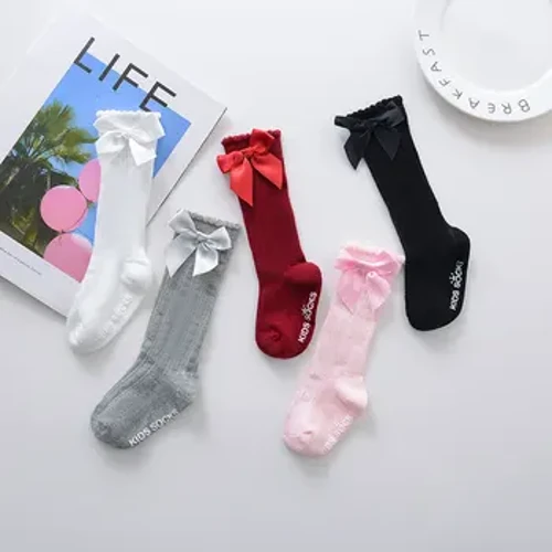 Nuevo lazo grande para chicas hasta la rodilla, calcetines largos suaves para niños pequeños, calcetines de encaje de algodón para bebés, calcetines para niñas, triangulación de envíos