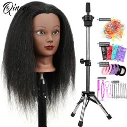 Testa di manichino per capelli veri al 100% Testa di formazione per parrucchiere con supporto treppiede Manichino afro Cosmetologia Testa di bambola per intrecciare Stylin