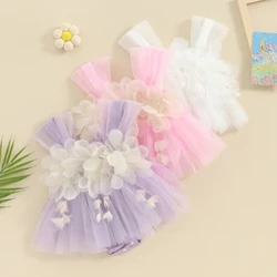 Macacão de tule para bebês meninas, saia fofa de verão, vestido infantil sem mangas com decoração de flores 3D, roupa de uso externo
