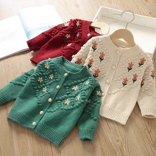 Dillad yr Hydref i Ferched Blodau Melys Sweaters Plant Brodwaith Wedi'u Gwau Cardigan Plant Cynnes Dillad Allanol Dillad Merched Babi Corea