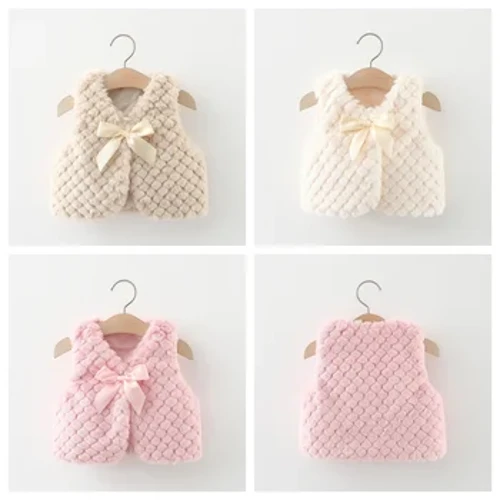 Casaco de fúria de inverno para crianças pequenas, laço, cor sólida, um botão, solto e versátil, roupa de exterior, colete de pele artificial