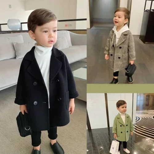 Winter Grid Jakker Drenge Pige Uld Dobbeltradet Baby Boy Trench Coat Revers Efterår Børn Overtøj Frakker Forårsuld Overfrakke