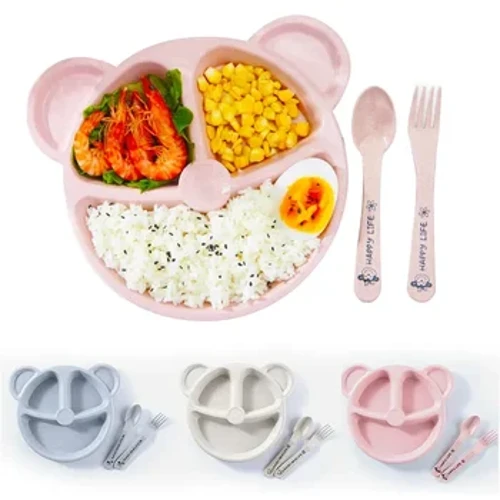 3Pcs/Set Baby bowl+kutsara+tinidor Pagpapakain ng Pagkain Tableware Cartoon Bear Kids Dishes Kumakain ng Dinnerware Anti-hot Training Dinner Plate