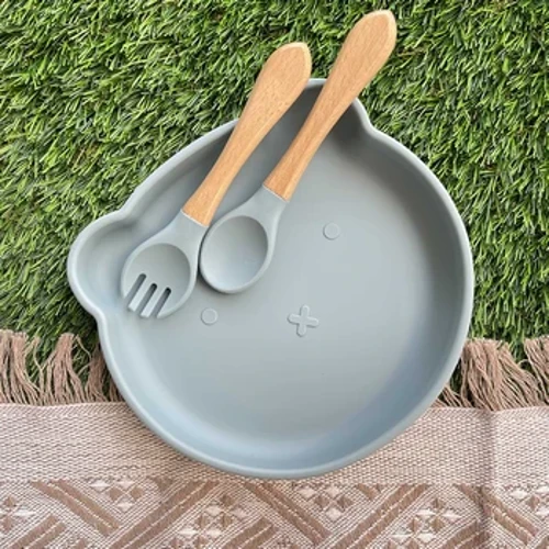 Vaisselle d'alimentation pour enfants, ventouse de nourriture complémentaire pour bébé de qualité alimentaire, Silicone incassable, assiette mère et bébé ours
