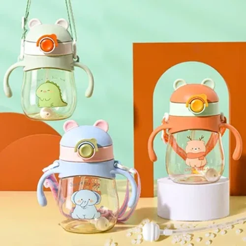 410ML Botol Minum Cangkir Bayi Anti-Tersedak dengan Bola Gravitasi Jerami Kaliber Lebar Botol Minum Susu dengan Pegangan