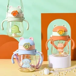 410ML Botol Minum Cangkir Bayi Anti-Tersedak dengan Bola Gravitasi Jerami Kaliber Lebar Botol Minum Susu dengan Pegangan