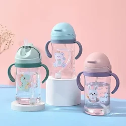 350ml Botol Bayi Botol Minum Cangkir Makan dengan Bola Gravitasi Jerami Kaliber Lebar Anak-anak Minum Air Susu Botol Guna Ganda