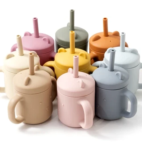 Hoạt Hình Gấu Bé Tập Uống Tay Cầm Đôi Ống Hút Cốc Ăn BPA Free Silicone Mềm Học Cốc Uống Nước Sơ Sinh phụ Kiện
