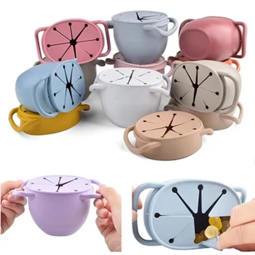 Baby Silikon Snack Coupe Mat Riem Toddle Portable Liewensmëttel Stockage Box Portable Snacks Container Klappbar Silikon Soft Deckel